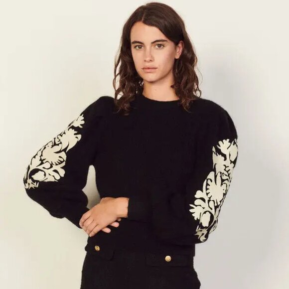 Sandro Alpaca Sweater with embroidered sleeves, sz S - Picture 2 of 6